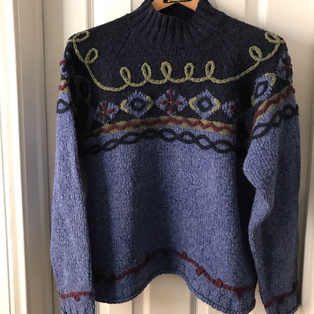 BUSHWACKER BLUE WOOL BLEND FLORAL SWEATER SZ SMALL